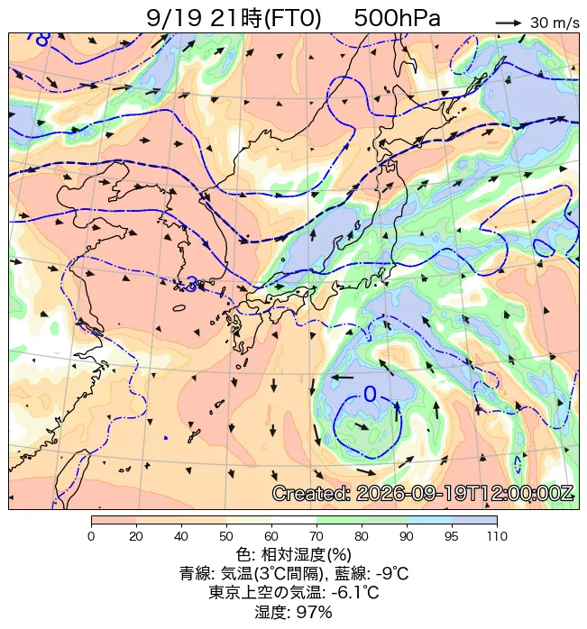 2026年9月19日の日本周辺の500hPa天気図（21時）