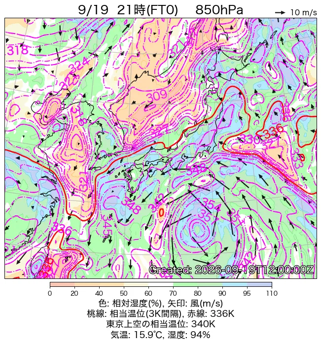 2026年9月19日の日本周辺の850hPa天気図（21時）
