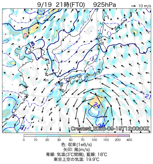 2026年9月19日の日本周辺の925hPa天気図（21時）