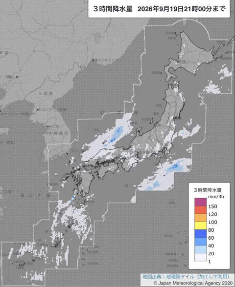 2026年9月19日18〜21時の日本周辺の3時間解析降水量