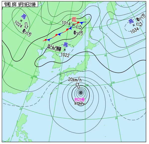 2026年9月19日21時の速報天気図