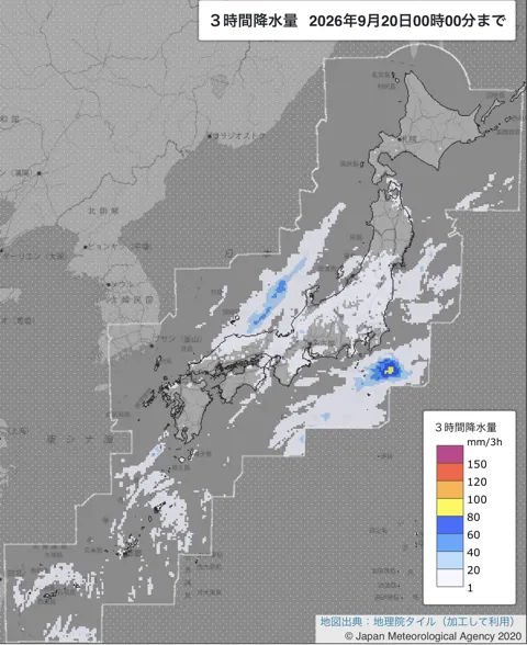 2026年9月19日21〜24時の日本周辺の3時間解析降水量