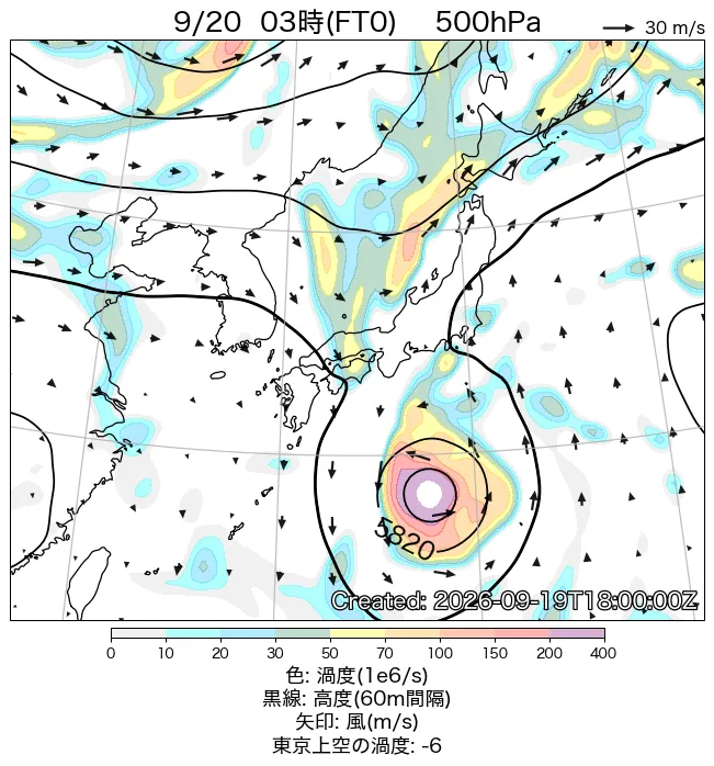 2026年9月20日の日本周辺の500hPa天気図（3時）