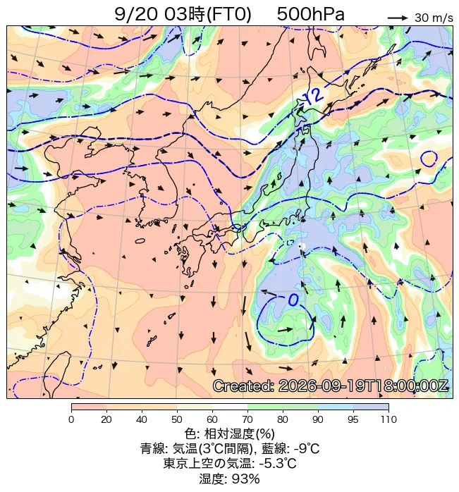 2026年9月20日の日本周辺の500hPa天気図（3時）