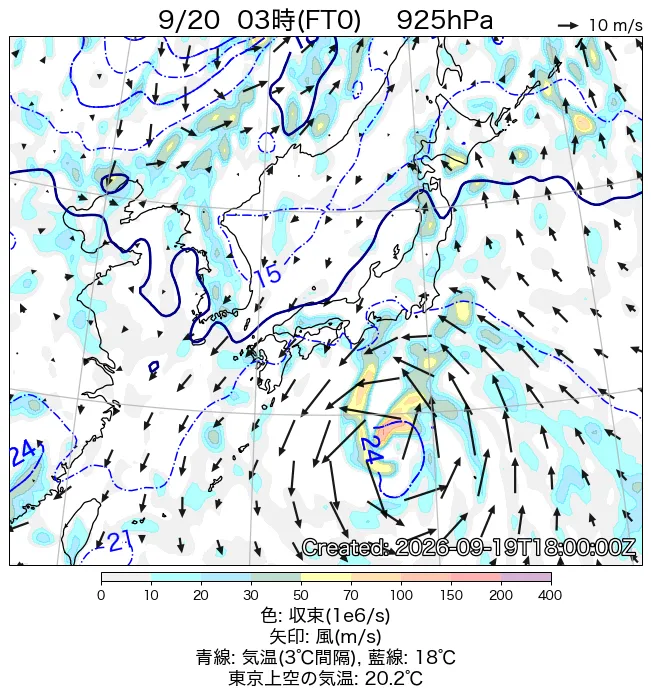 2026年9月20日の日本周辺の925hPa天気図（3時）