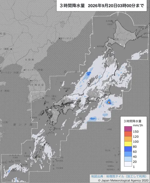 2026年9月20日0〜3時の日本周辺の3時間解析降水量