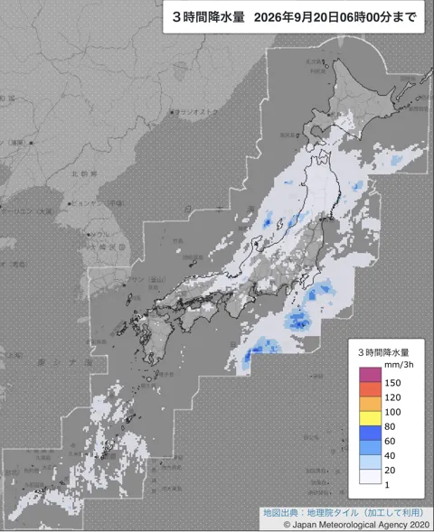 2026年9月20日3〜6時の日本周辺の3時間解析降水量