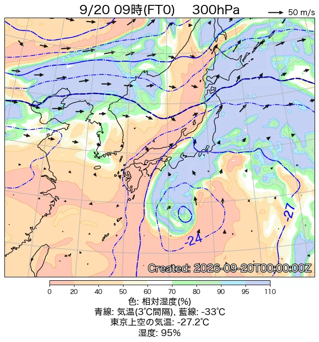 2026年9月20日の日本周辺の300hPa天気図（9時）