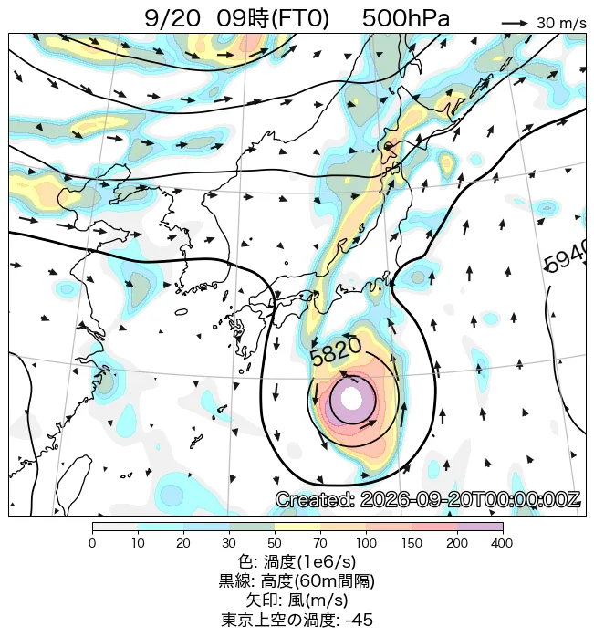 2026年9月20日の日本周辺の500hPa天気図（9時）