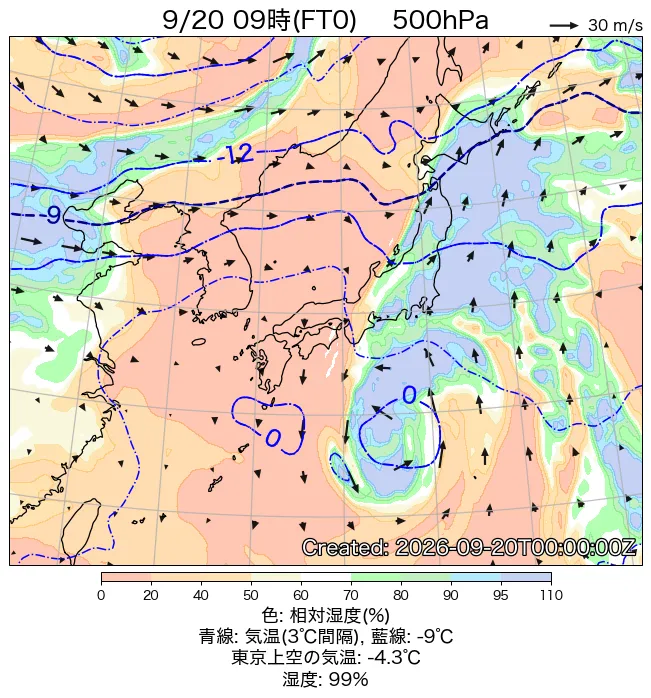2026年9月20日の日本周辺の500hPa天気図（9時）