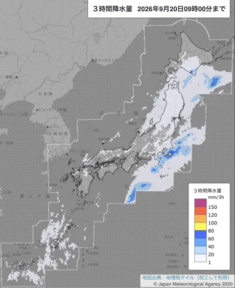 2026年9月20日6〜9時の日本周辺の3時間解析降水量