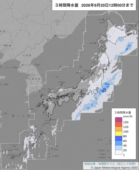2026年9月20日9〜12時の日本周辺の3時間解析降水量