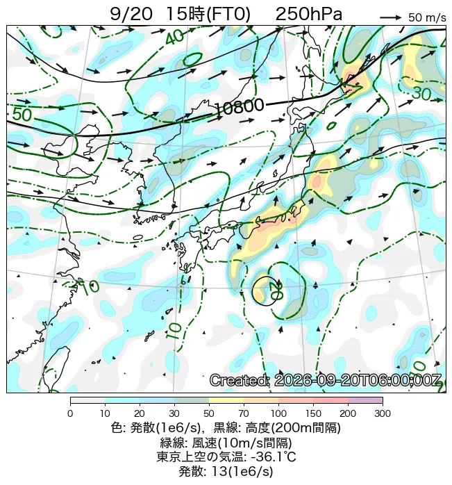 2026年9月20日の日本周辺の250hPa天気図（15時）