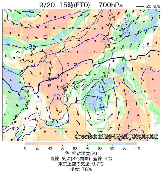 2026年9月20日の日本周辺の700hPa天気図（15時）