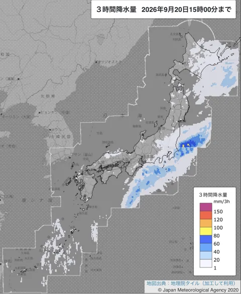 2026年9月20日12〜15時の日本周辺の3時間解析降水量