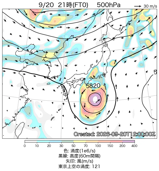 2026年9月20日の日本周辺の500hPa天気図（21時）