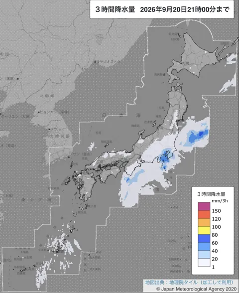2026年9月20日18〜21時の日本周辺の3時間解析降水量