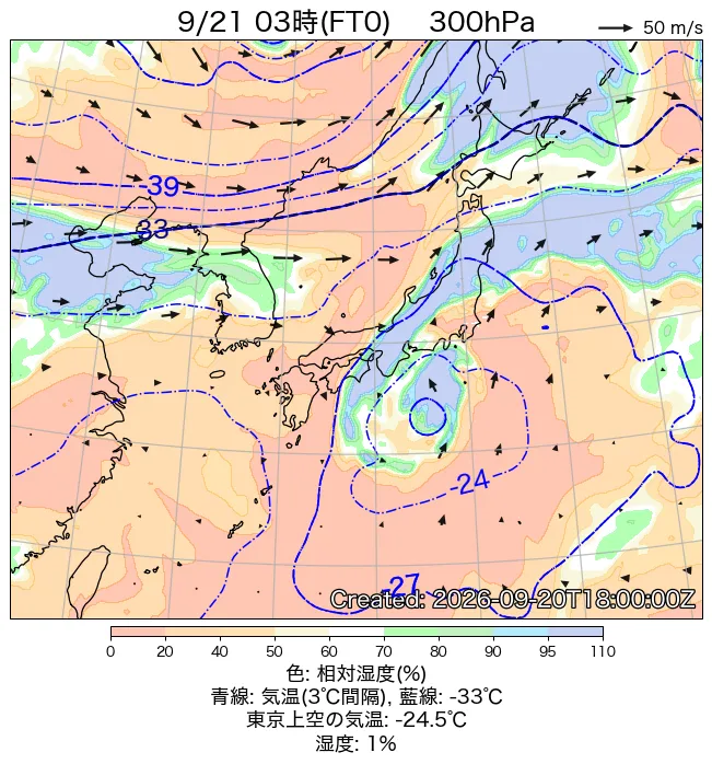 2026年9月21日の日本周辺の300hPa天気図（3時）