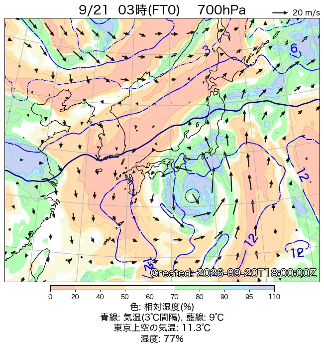 2026年9月21日の日本周辺の700hPa天気図（3時）