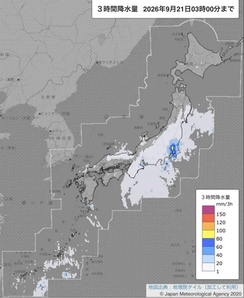2026年9月21日0〜3時の日本周辺の3時間解析降水量