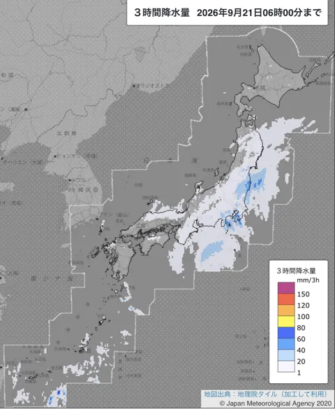 2026年9月21日3〜6時の日本周辺の3時間解析降水量