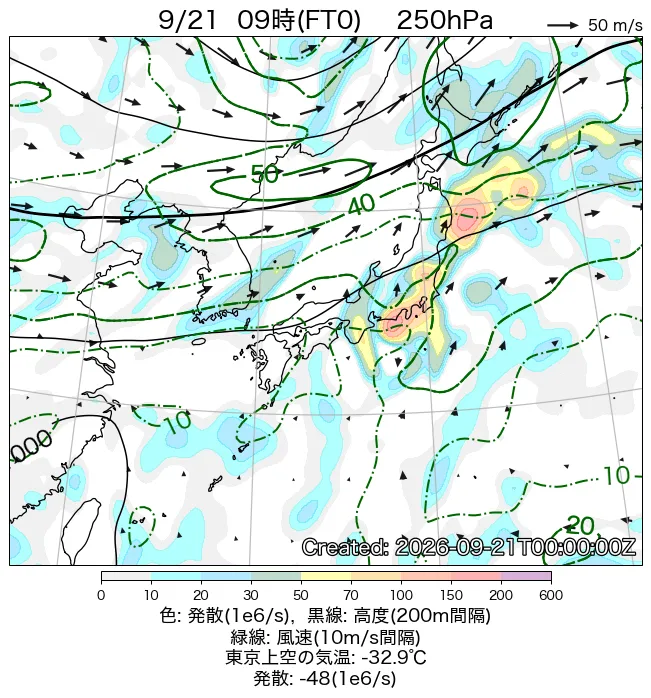 2026年9月21日の日本周辺の250hPa天気図（9時）