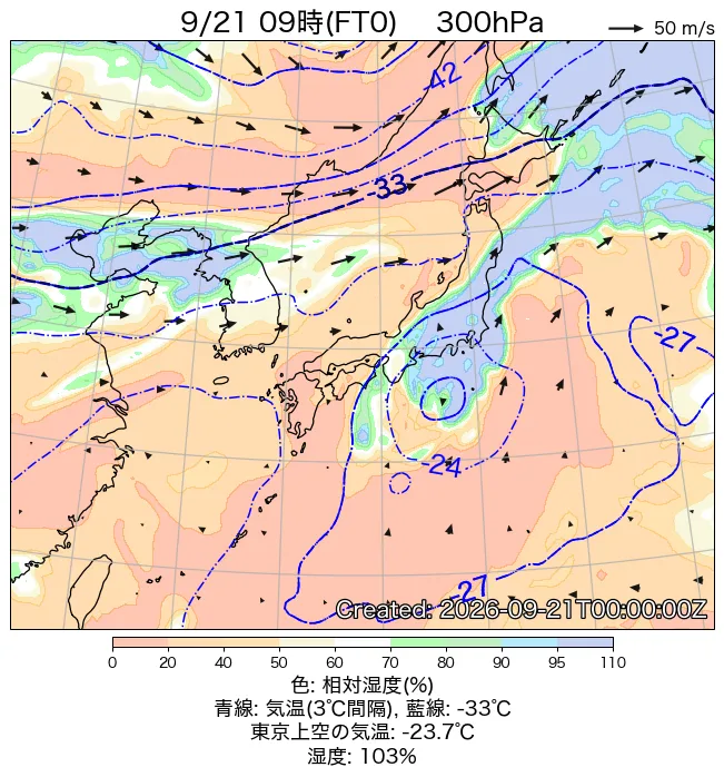 2026年9月21日の日本周辺の300hPa天気図（9時）