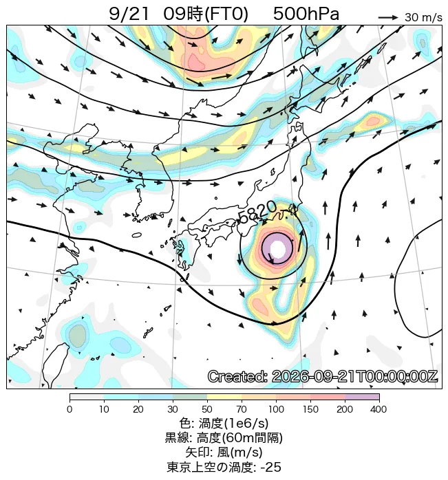 2026年9月21日の日本周辺の500hPa天気図（9時）