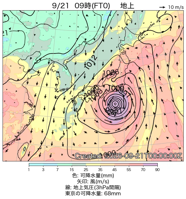 2026年9月21日の日本周辺の地上天気図（9時）