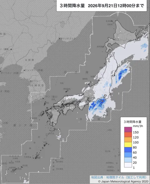 2026年9月21日9〜12時の日本周辺の3時間解析降水量