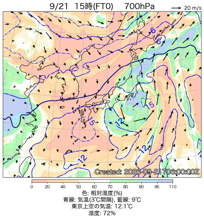 2026年9月21日の日本周辺の700hPa天気図（15時）