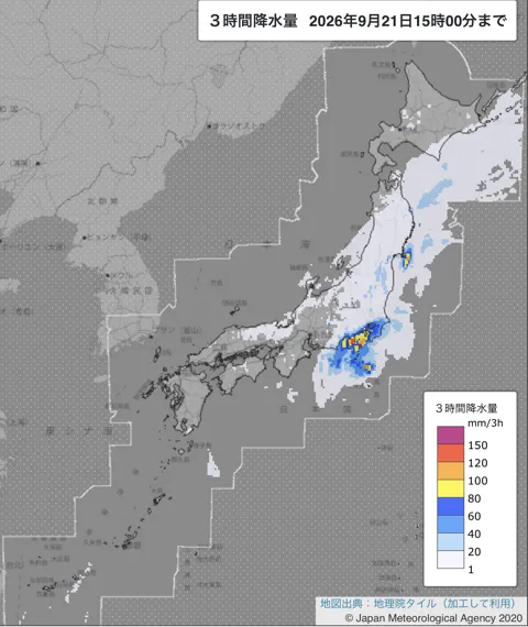 2026年9月21日12〜15時の日本周辺の3時間解析降水量
