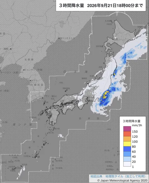 2026年9月21日15〜18時の日本周辺の3時間解析降水量