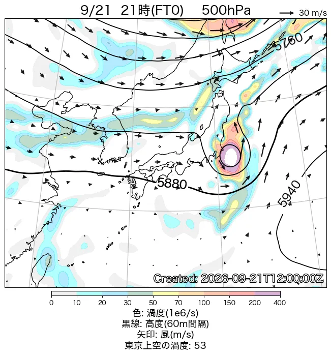 2026年9月21日の日本周辺の500hPa天気図（21時）