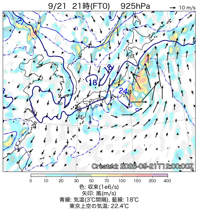 2026年9月21日の日本周辺の925hPa天気図（21時）
