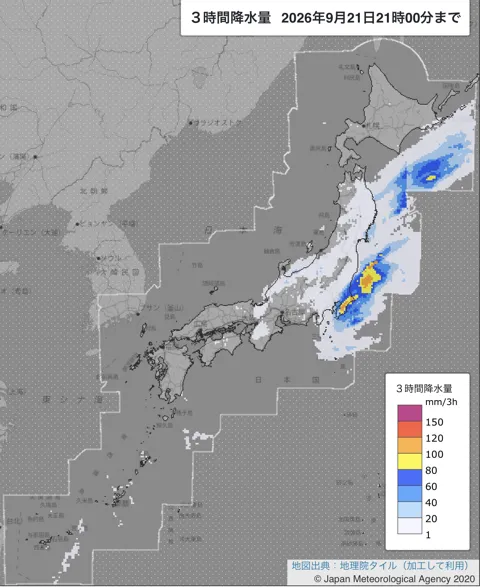 2026年9月21日18〜21時の日本周辺の3時間解析降水量
