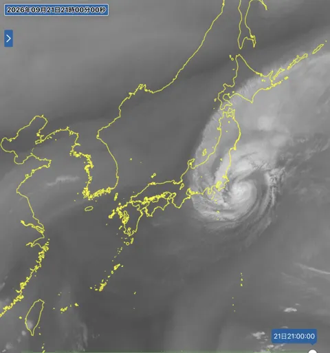 2026年9月21日21時の日本周辺の衛星水蒸気画像