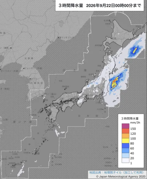 2026年9月21日21〜24時の日本周辺の3時間解析降水量