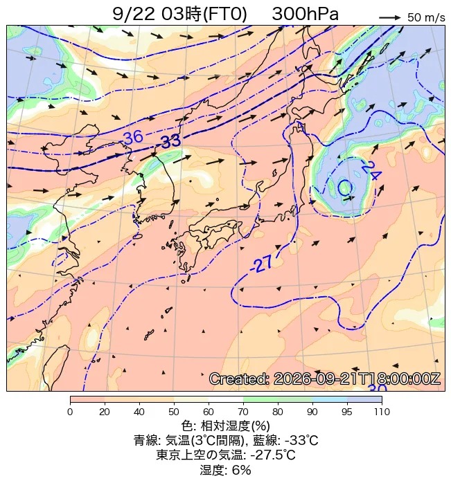 2026年9月22日の日本周辺の300hPa天気図（3時）