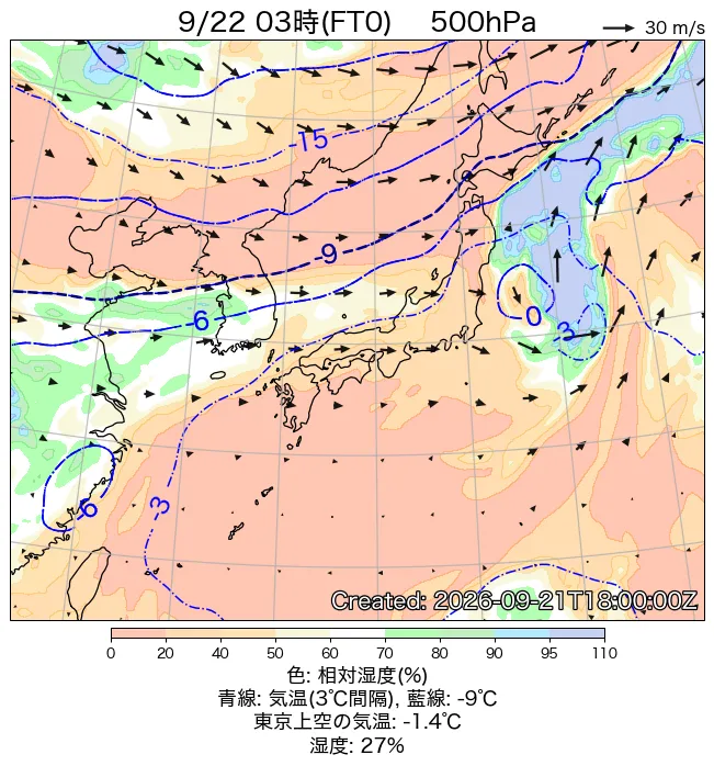 2026年9月22日の日本周辺の500hPa天気図（3時）