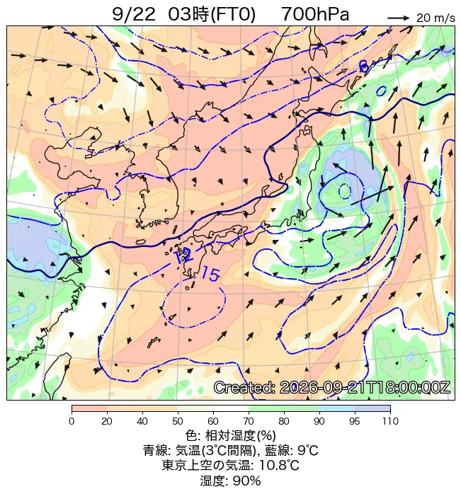 2026年9月22日の日本周辺の700hPa天気図（3時）
