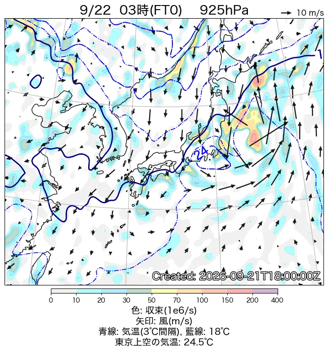 2026年9月22日の日本周辺の925hPa天気図（3時）