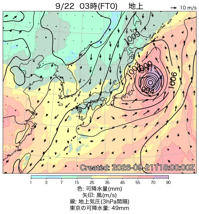 2026年9月22日の日本周辺の地上天気図（3時）