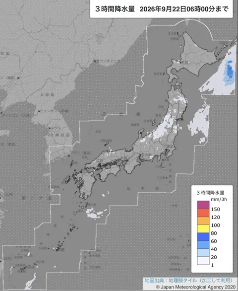 2026年9月22日3〜6時の日本周辺の3時間解析降水量