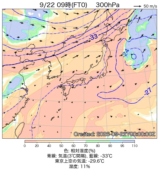 2026年9月22日の日本周辺の300hPa天気図（9時）