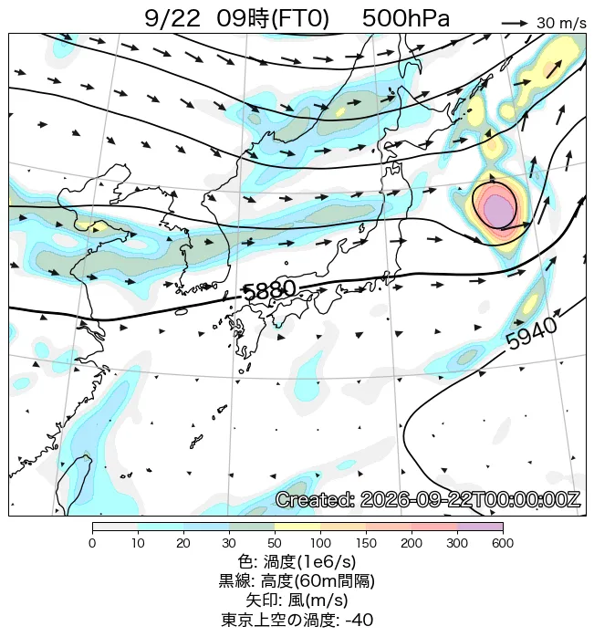 2026年9月22日の日本周辺の500hPa天気図（9時）