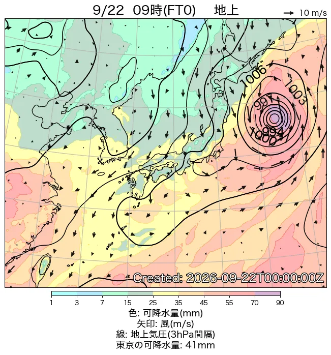 2026年9月22日の日本周辺の地上天気図（9時）