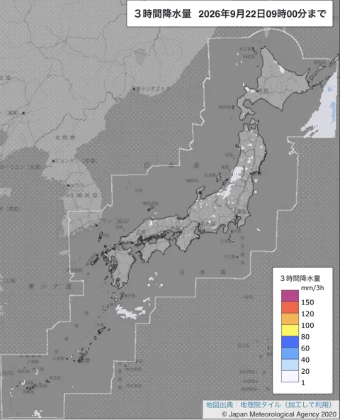 2026年9月22日6〜9時の日本周辺の3時間解析降水量