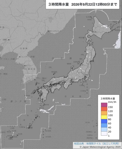 2026年9月22日9〜12時の日本周辺の3時間解析降水量