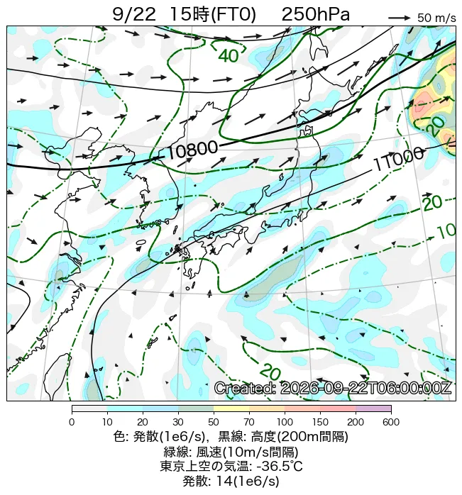 2026年9月22日の日本周辺の250hPa天気図（15時）